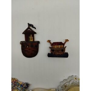 Set Of 2 Vintage 1980s Handmade Noah's Ark Brooch Pins